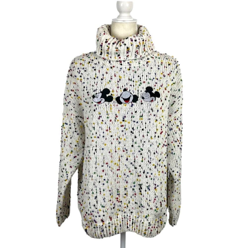 Disney Mickey Mouse Embroidered Turtleneck Confetti Knit Pullover Sweater Large - Picture 1 of 11